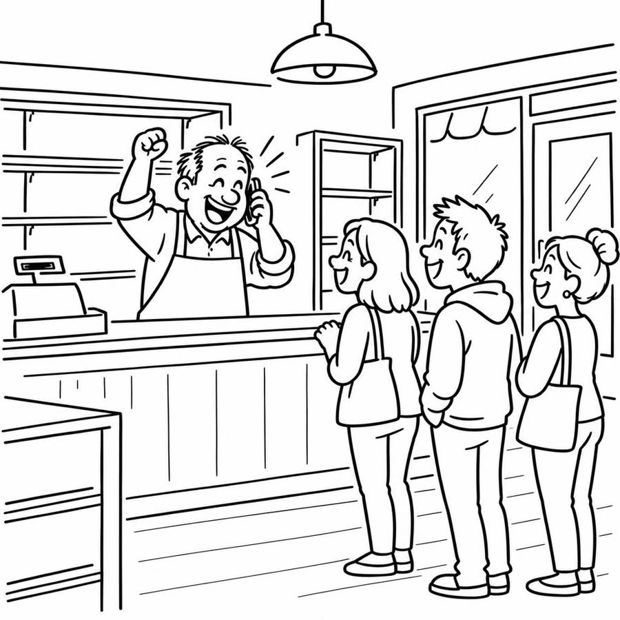 The same shop owner with a ringing phone and customers at the counter