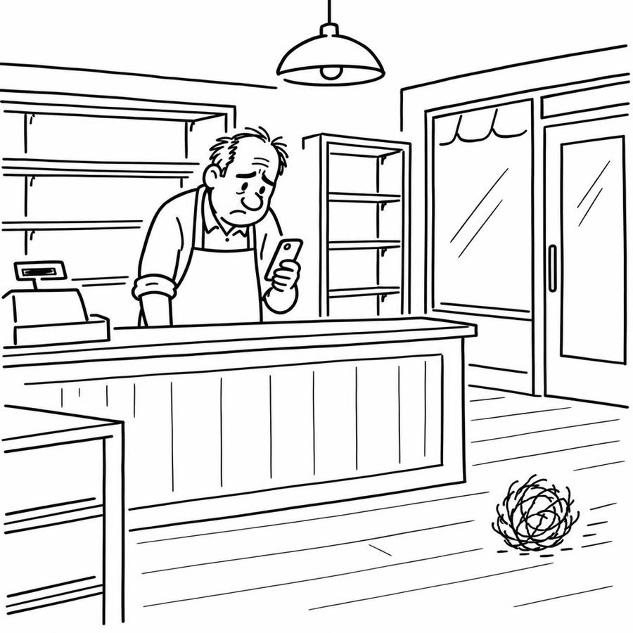 A shop owner waiting for the phone to ring in an empty shop